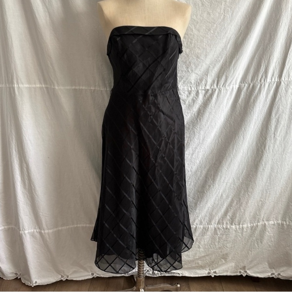 Strapless Black Check-Pattern Midi Dress